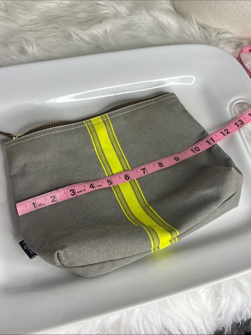 Maika Gray Canvas Pouch with Neon Yellow Center Stripe